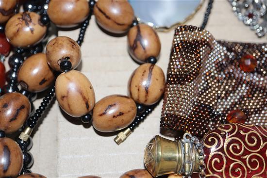 A mixed group of assorted costume jewellery including hematite necklace and two mounted glass scent bottles.